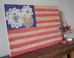 American Flag with Burlap and Doilies 